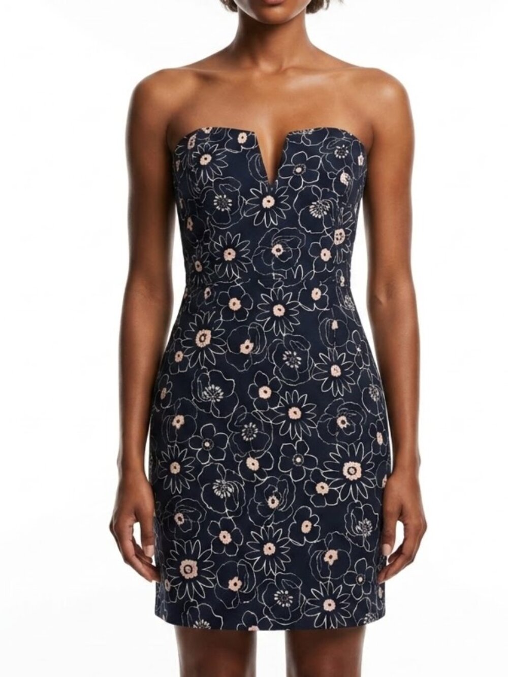 J.O.A. Whimsigoth Floral Strapless Mini Dress Navy Pink Notched V-Neck Size S